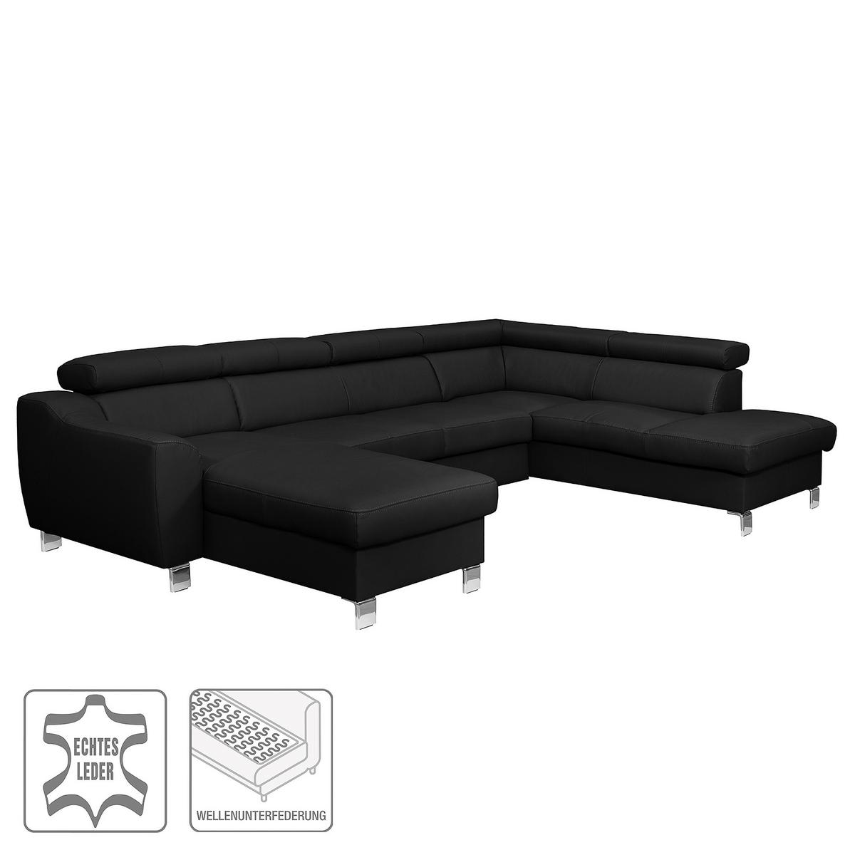 Wohnlandschaft Aspen Schwarz Lederlook - Chromfarben/Schwarz, Design, Leder/Textil (91/315/208cm) - Livetastic