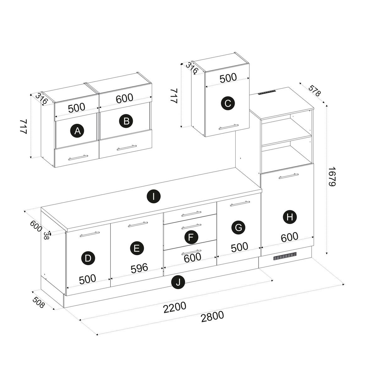 Küchenblock Capri Weiß/Eiche Dekor B: 280 cm - Weiß/Eiche Artisan, Basics, Glas/Holzwerkstoff (280cm) - MID.YOU
