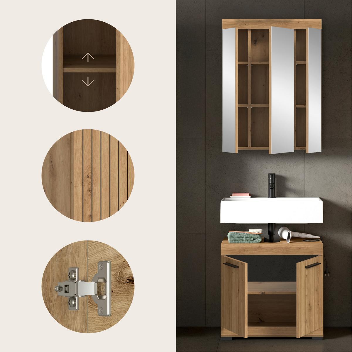 Badezimmer Scout Eiche Artisan Dekor B: 60cm - Schwarz/Eiche Artisan, Trend, Glas/Holzwerkstoff (60cm) - MID.YOU