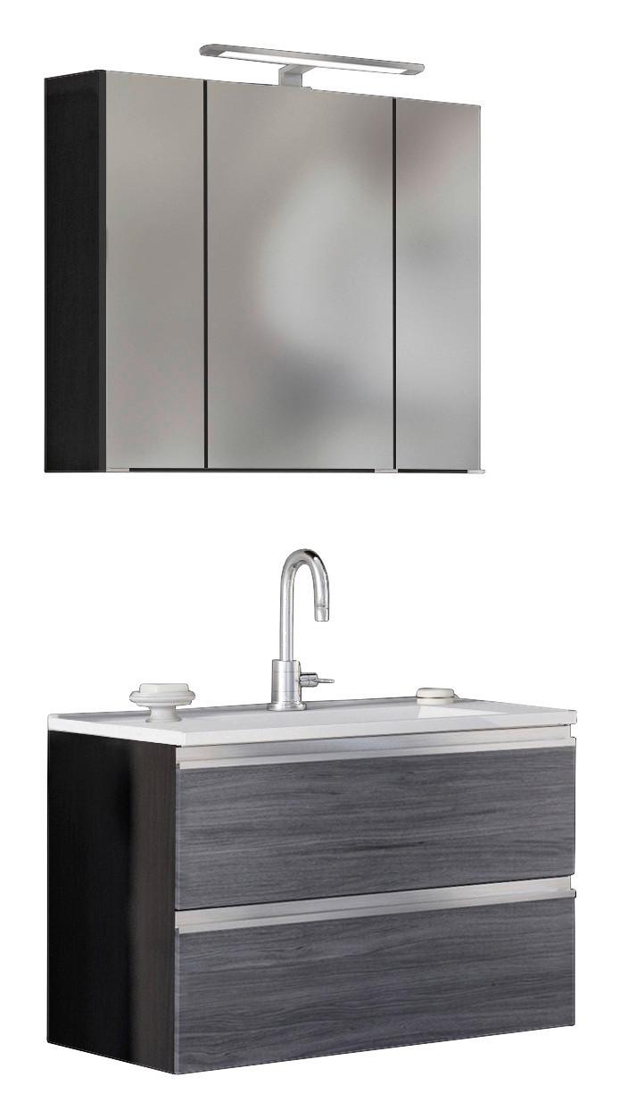 Badmöbel-Set 3-Tlg. inkl. LED Arezzo B: 60cm, Eiche Dekor - Eichefarben/Silberfarben, Basics, Holzwerkstoff/Stein (80cm) - Held