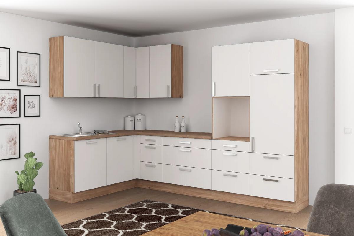 Eckküche Ip1200 Ohne Geräte 185x320cm Hellgrau/eiche Dekor - Eichefarben/Grau, Basics (185/320cm)
