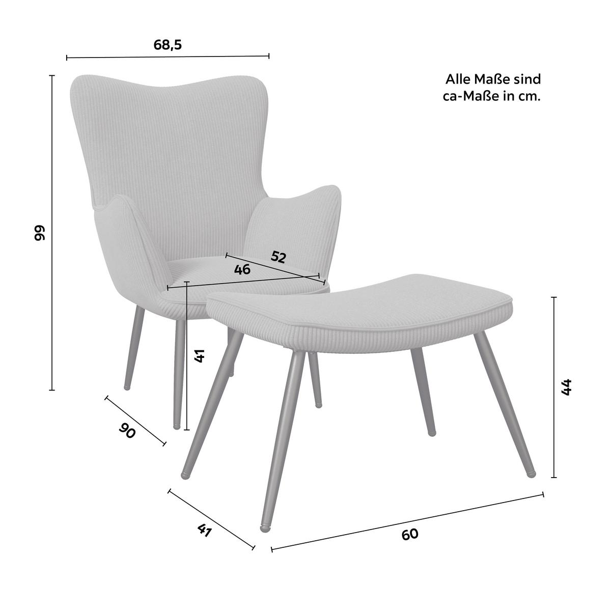 Křeslo s taburetem AURORA, šedý manšestr, max. 120 kg - šedá/černá, Moderní, kov/dřevo (68,5/99/90cm) - Bessagi Home