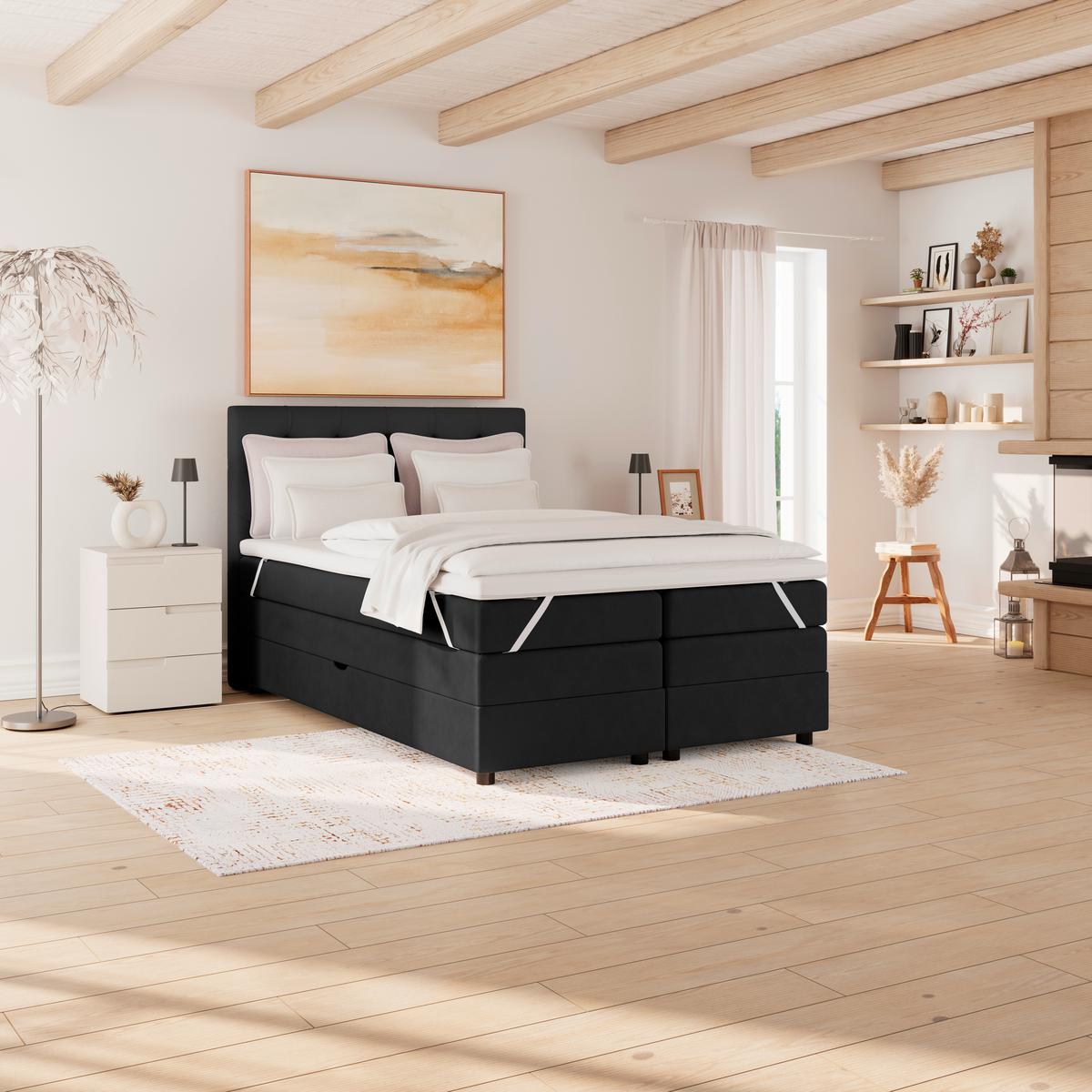 Boxspringbett Elio Schwarz 140x200 cm H4 - Schwarz, ROMANTIK / LANDHAUS, Textil (144/121/212cm) - James Wood