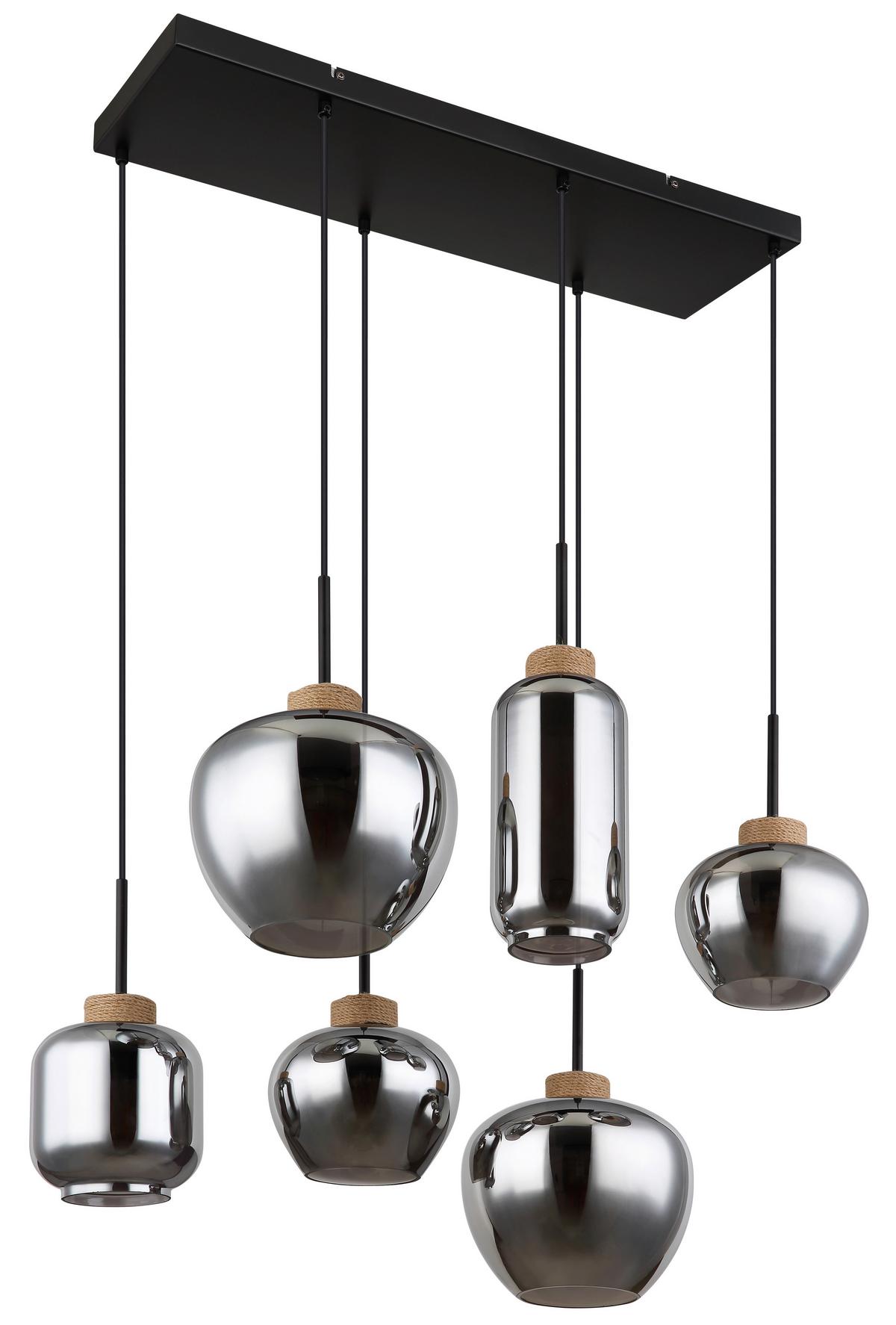 Hängeleuchte 6-Flammig Indoor - Schwarz/Naturfarben, Design, Glas/Textil (80/40/120cm) - Globo