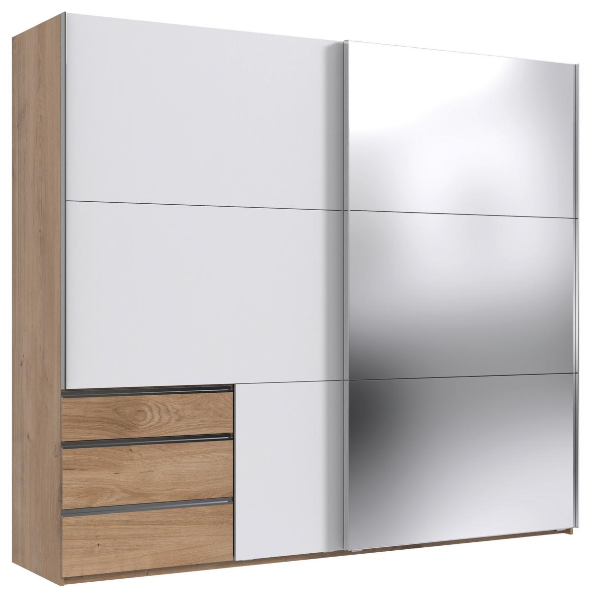 Schwebetürenschrank Level 36 A Weiß/Eiche/Spiegel, B: 250cm - Eichefarben/Weiß, MODERN, Glas/Holzwerkstoff (250/216/65cm) - MID.YOU