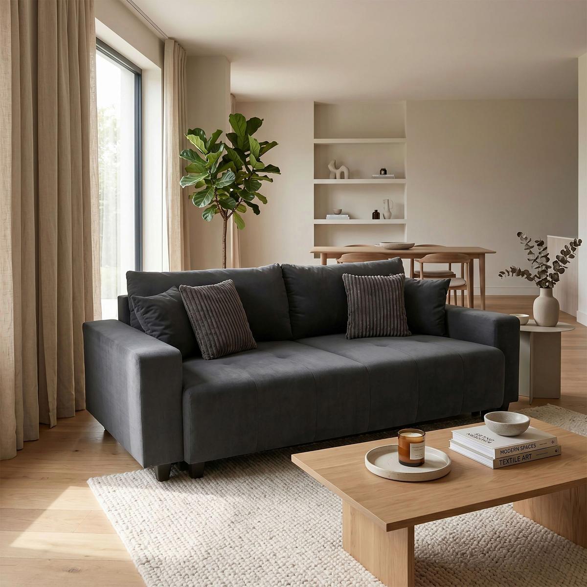 Ecksofa mit Bettfunktion Lily Velours anthrazit ,240x119cm - Anthrazit/Schwarz, Trend, Holz/Holzwerkstoff (240/119cm) - Luca Bessoni