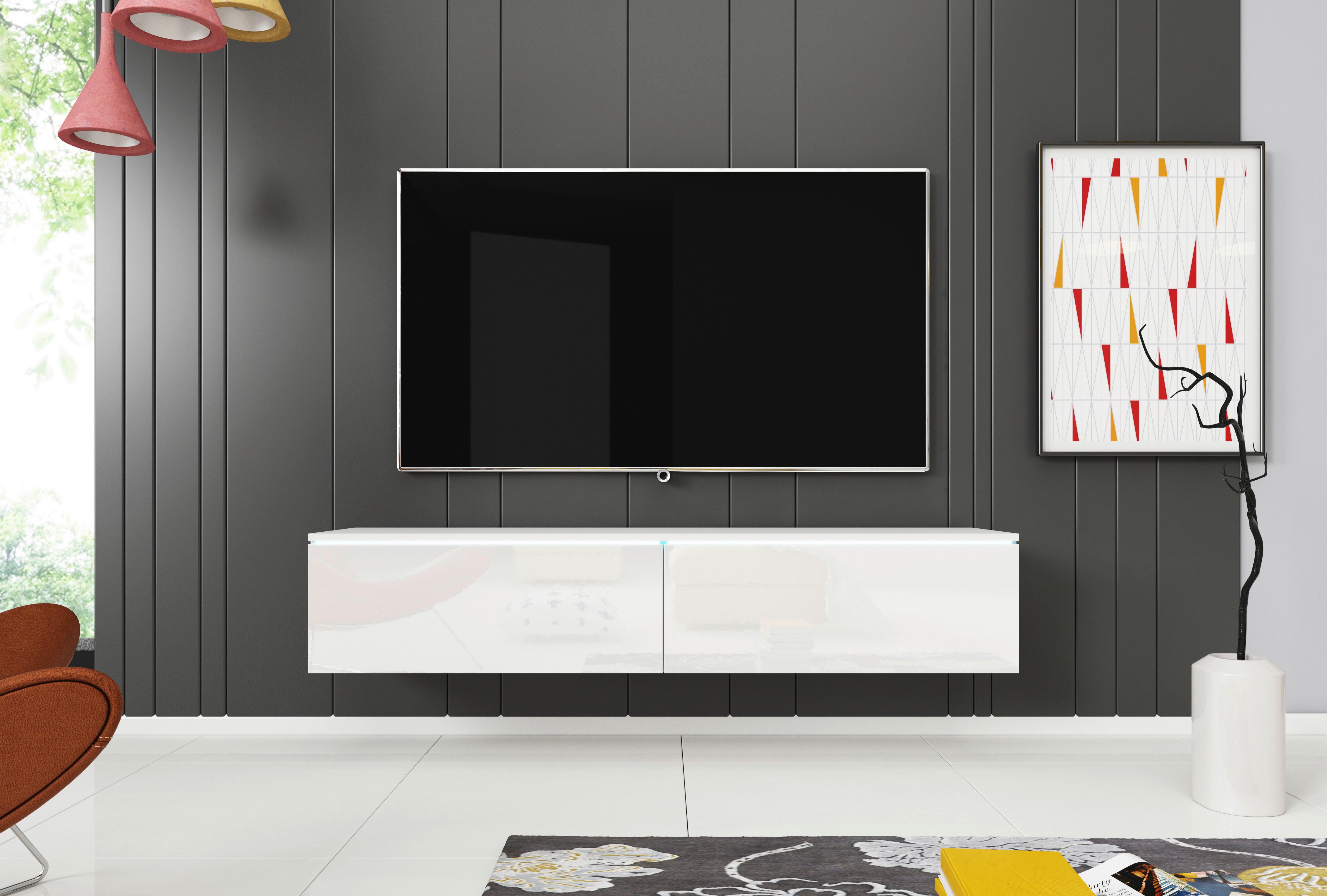 Nízka komoda s LED bílá vysoký lesk - bílá/šedá, Lifestyle, kompozitní dřevo/plast (140/30/33cm) - P & B