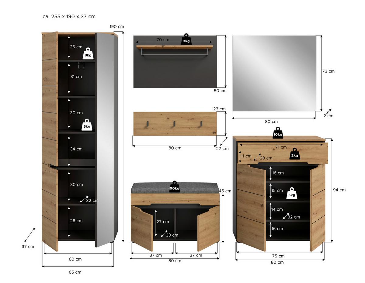 Garderobe Canu 6-teilig Eiche Artisan/grau B: 255 Cm - Eiche Artisan, Design, Holzwerkstoff (255/190/37cm) - Livetastic