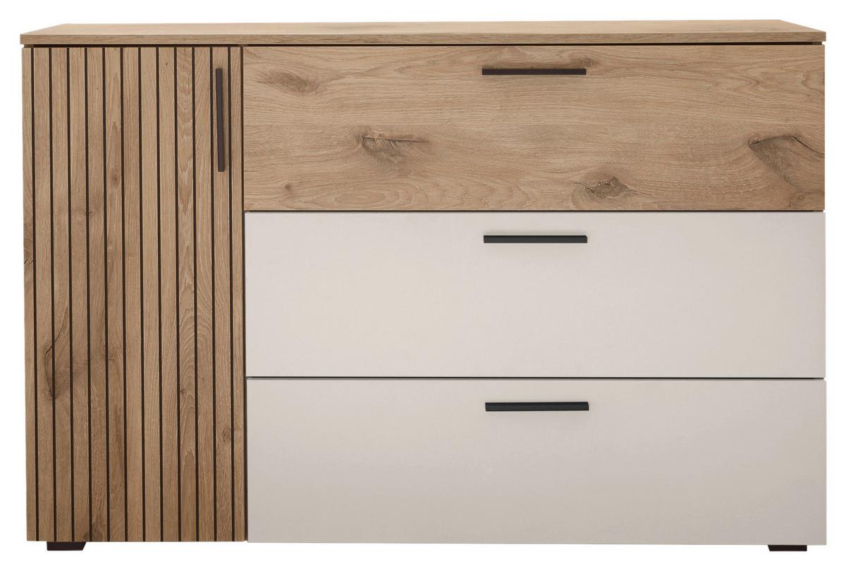 Sideboard Daria/Leo B: 125 cm Viking Oak/Weiß - Eichefarben/Schwarz, MODERN, Holzwerkstoff (125/82,6/40cm) - MID.YOU