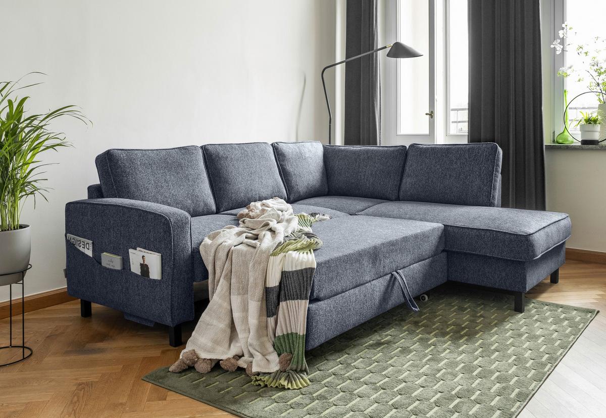 Ecksofa Molly Dunkelblau S: 233x198 cm - Schwarz/Dunkelblau, Textil (233/198cm) - MID.YOU