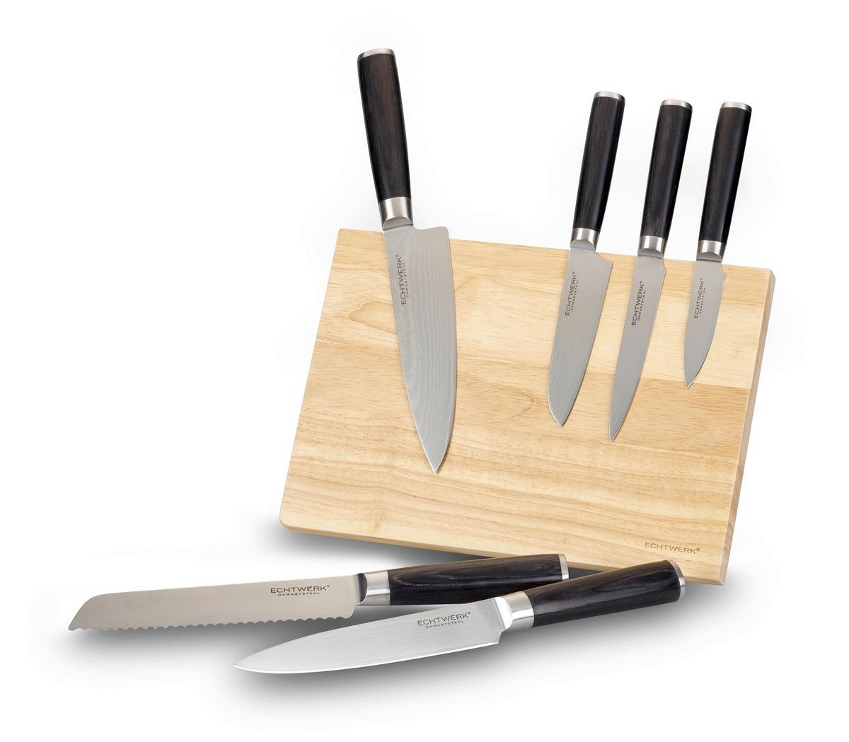 Damastmesserblock 7tlg. Set - Hellbraun/Edelstahlfarben, Basics, Metall (20/7/2,25cm) - Echtwerk