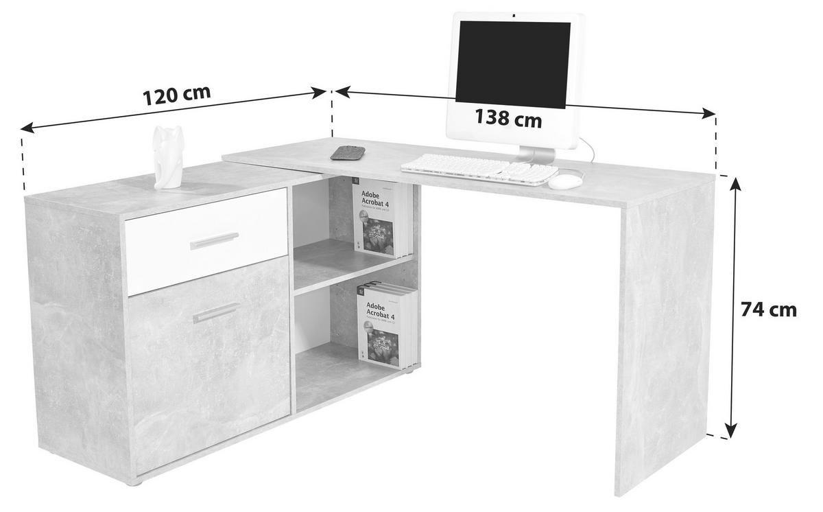 Eckschreibtisch Mit Stauraum B 138cm H 74cm Prag, Betonoptik - Weiß/Grau, MODERN, Holzwerkstoff (138/74/120cm)