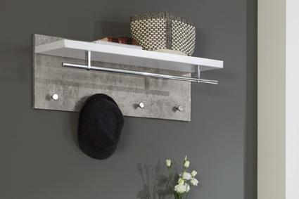 Garderobenpaneel Betonoptik Hutablage 4 Haken B: 75 cm - Chromfarben/Hellgrau, Basics, Holzwerkstoff/Metall (75/30/26cm)