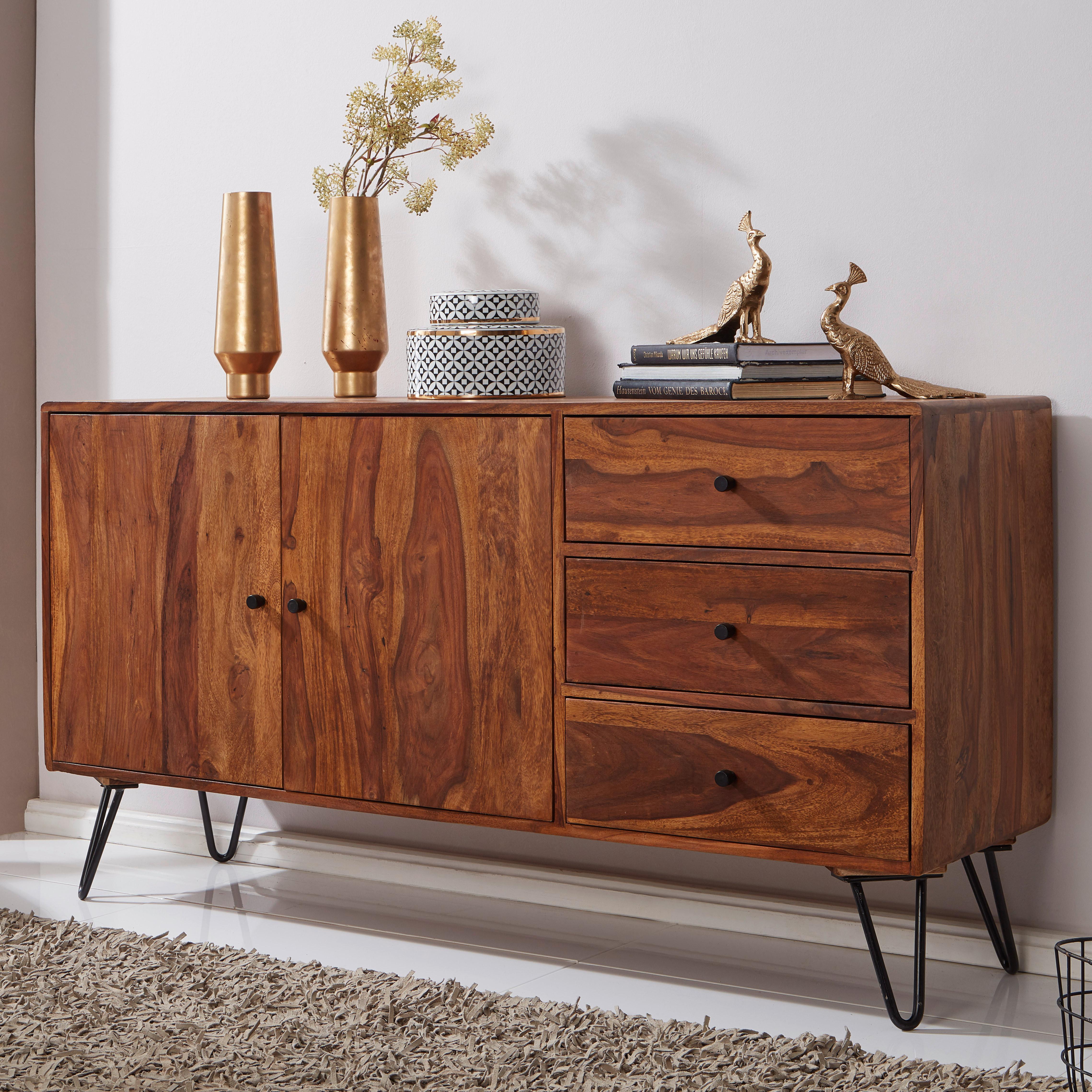 Sideboard Sheesham Sheeshamfarben B: 145 cm - Sheeshamfarben/Schwarz, Design, Holz (145/75/40cm) - MID.YOU