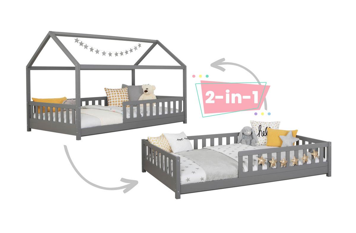 Kinderbett 140x200 cm In Hellgrau Abnehmbares Dach - Hellgrau/Naturfarben, MODERN, Holz (140/200cm) - MID.YOU
