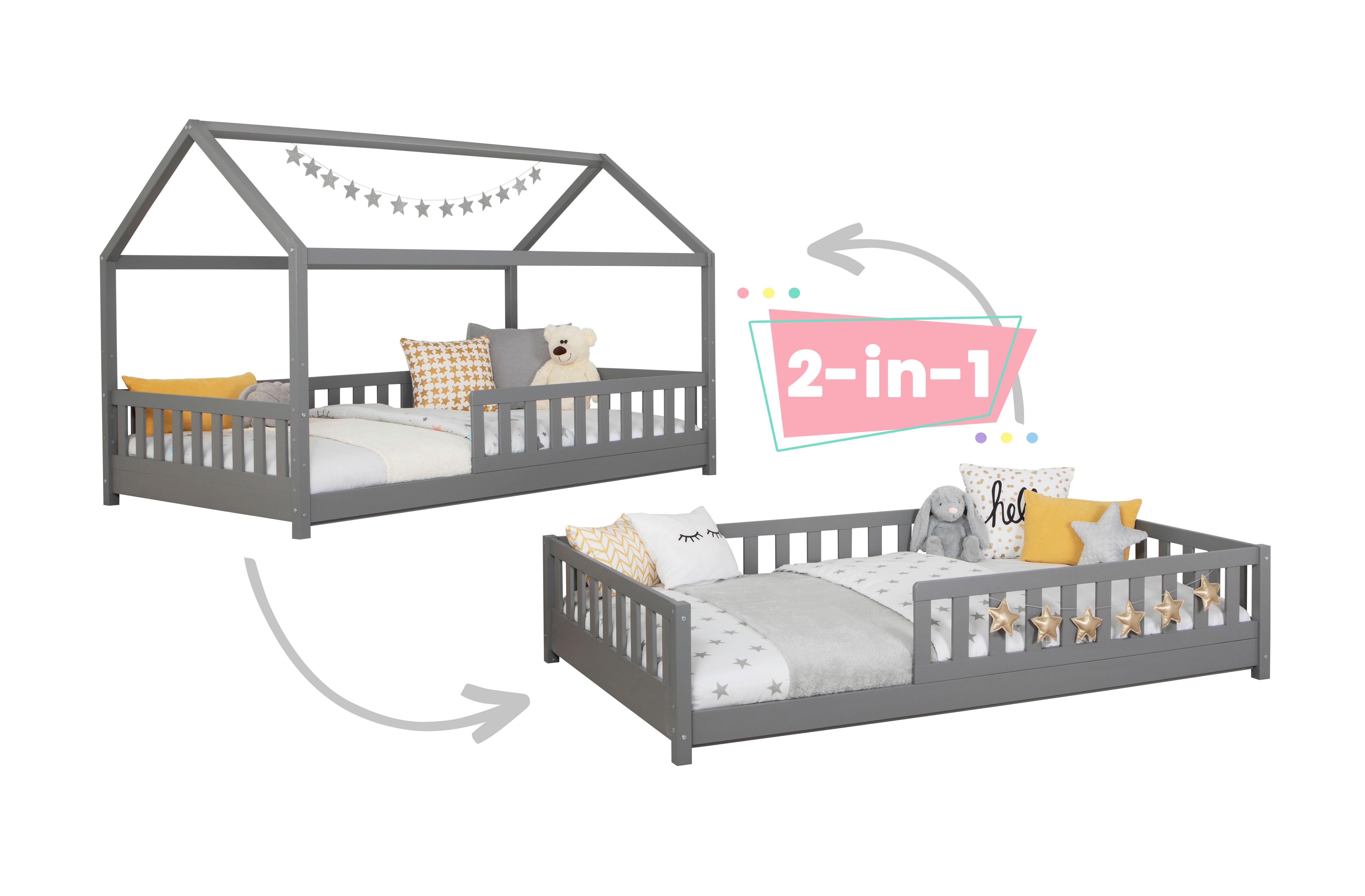 Kinderbett 140x200 Cm In Hellgrau Abnehmbares Dach