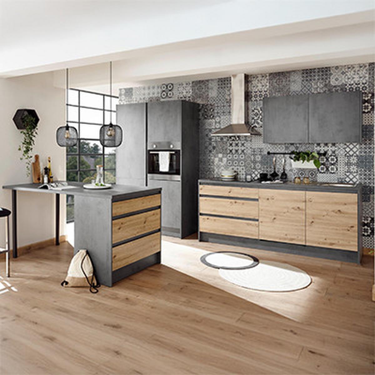 Kuchynský blok TROJA bez spotrebičov, š. 210+127 cm - antracitová/dub artisan, Design, kompozitné drevo (335cm) - MID.YOU