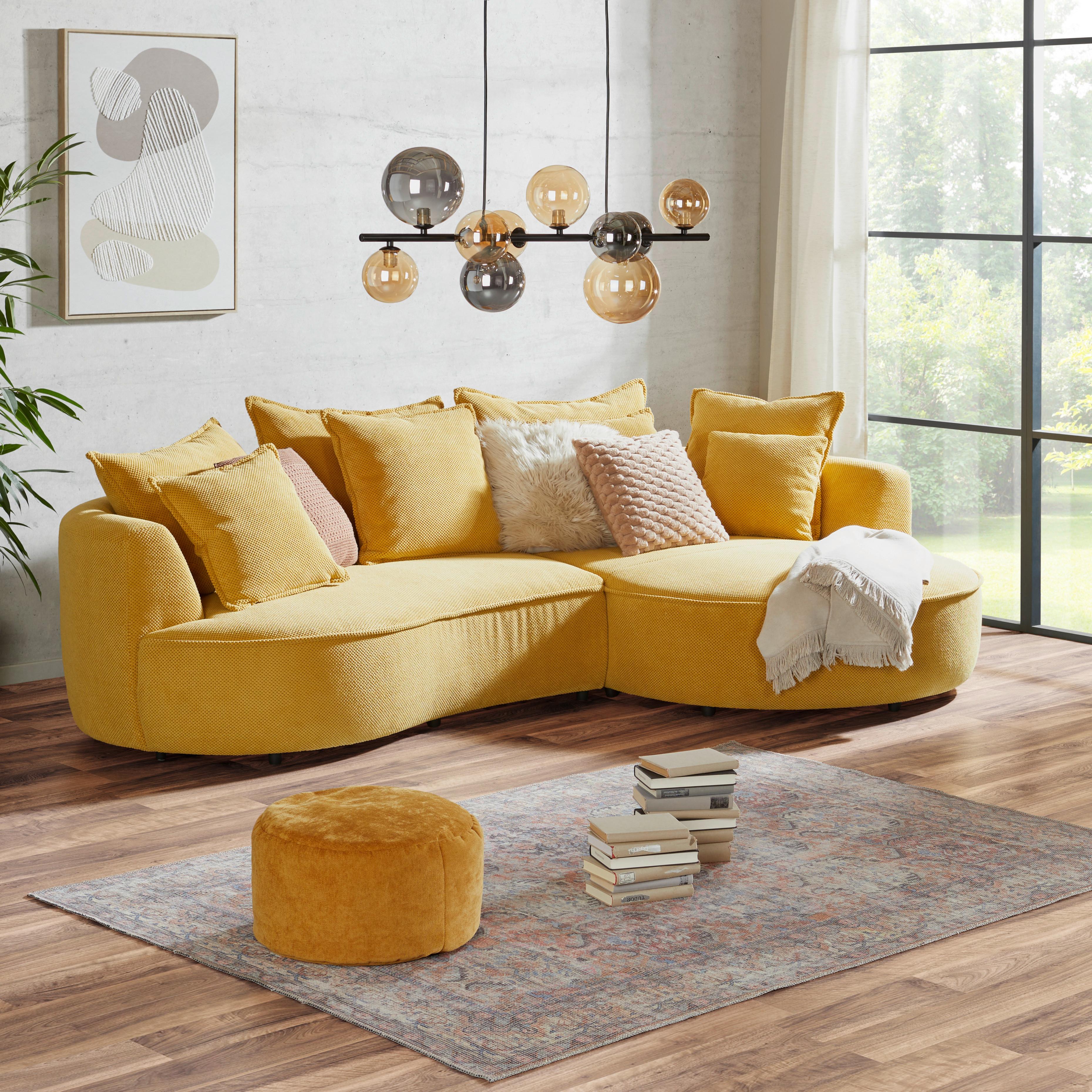 Rohová sedačka LEVI, pravá hořčicově žlutá, se 7 polštáři - černá/hořčicově žlutá, Moderní, textil/plast (287/168cm)
