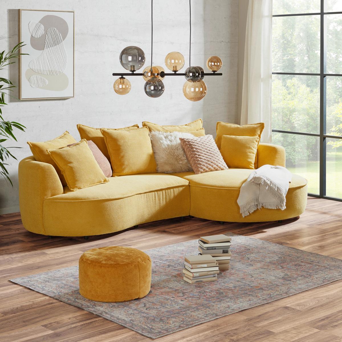 Rohová sedačka LEVI, pravá horčicovožltá, so 7 vankúšmi - čierna/horčicovožltá, Modern, textil/plast (287/168cm)
