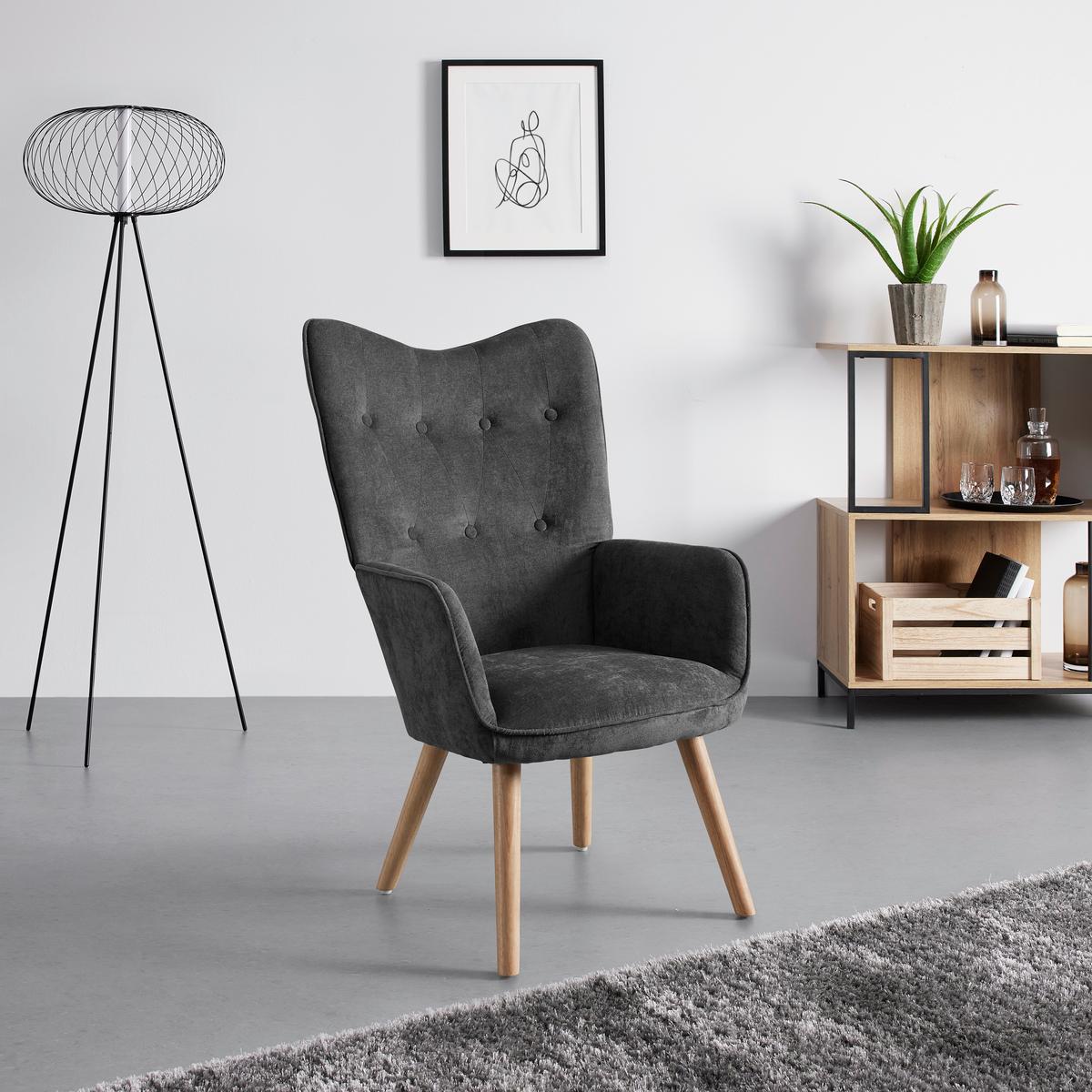 Relaxační křeslo NATALIE, šedá - šedá/přírodní barvy, Moderní, kov/dřevo (64/99/68cm) - Bessagi Home