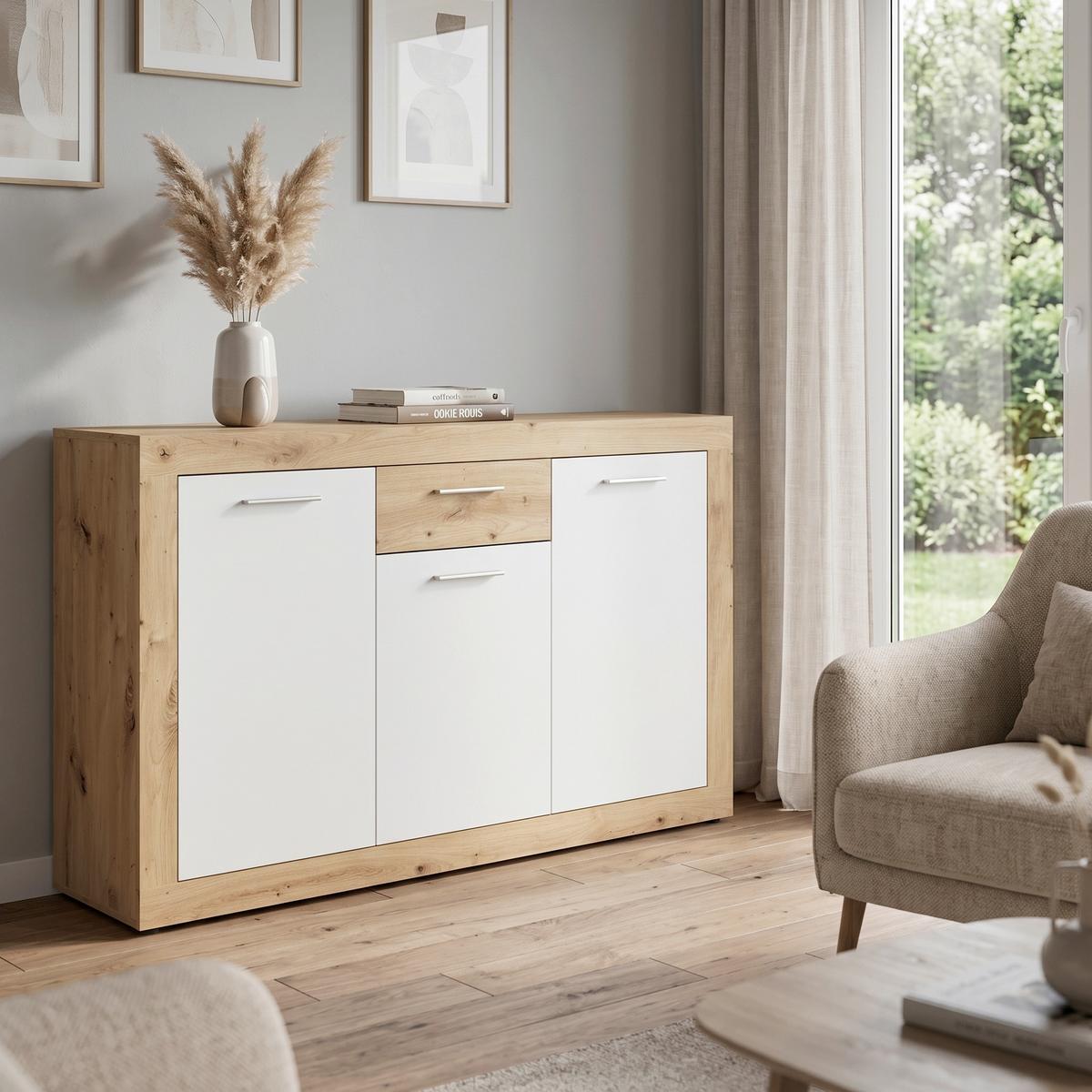 Sideboard Brilon Eiche Artisan/Weiß B: 135,2 cm - Schwarz/Eiche Artisan, ROMANTIK / LANDHAUS, Holzwerkstoff (135,2/86/35cm) - MID.YOU