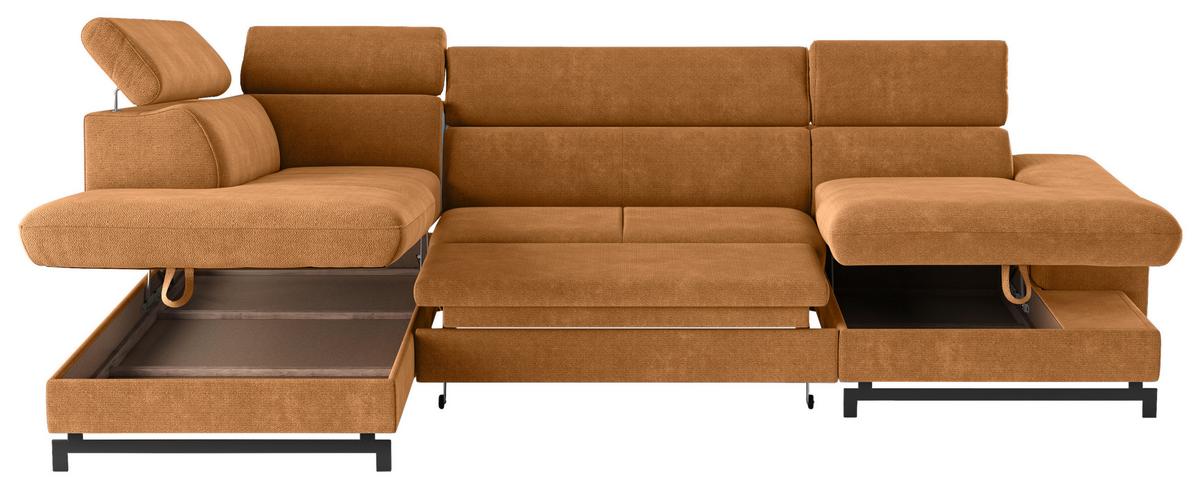 Wohnlandschaft mit Bettkasten Emma Cognac - Cognac/Schwarz, Textil (215/328/165cm) - MID.YOU