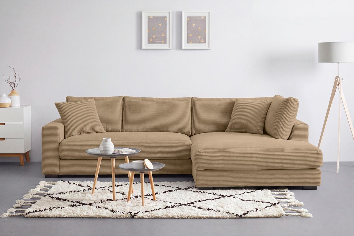 Rohová sedačka PEDRO, pravá, karamelový manšestr - černá/karamel, Moderní, textil/plast (300/190cm) - Mömax