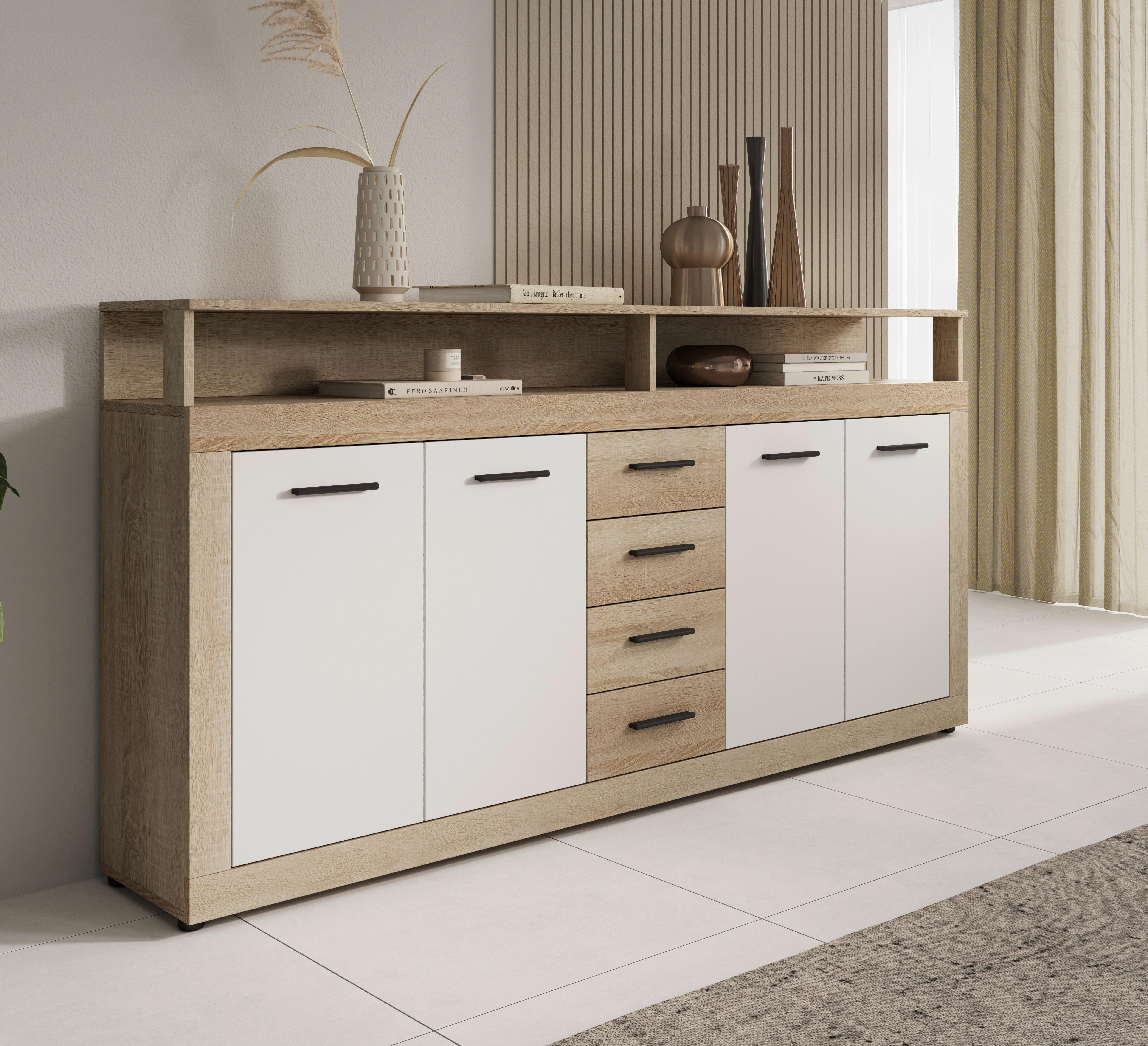 Sideboard Lupo Eiche Dekor Weiß B: 190 Cm - Weiß/Sonoma Eiche, Design, Holzwerkstoff (190/96/32cm) - MID.YOU