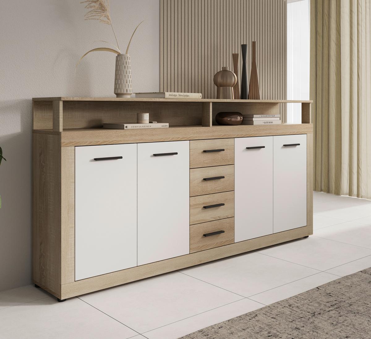 Sideboard Lupo Eiche Dekor Weiß B: 190 cm - Weiß/Sonoma Eiche, Design, Holzwerkstoff (190/96/32cm) - MID.YOU
