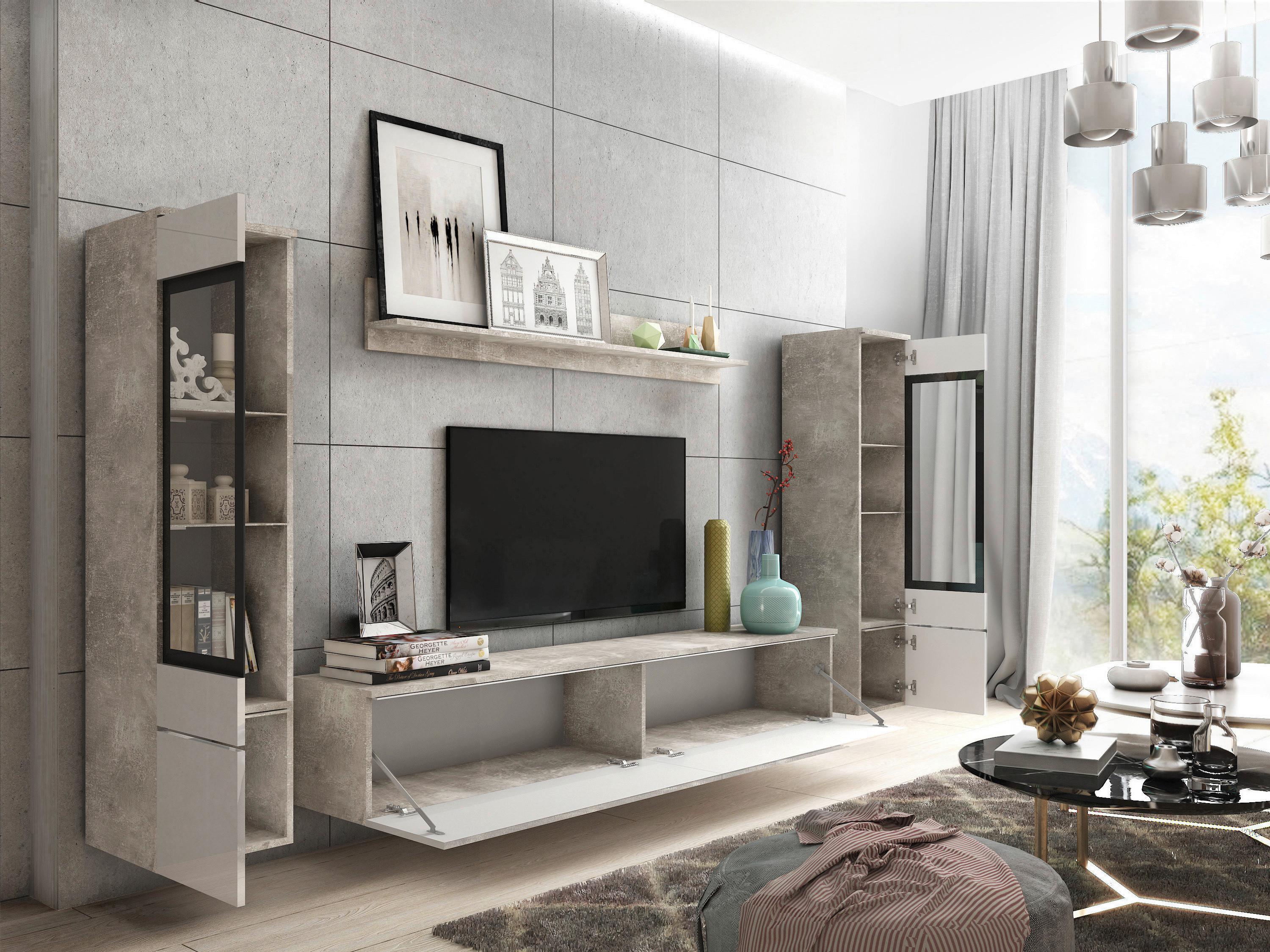 Wohnwand aus Holzdekor und Glas mit viel Stauraum