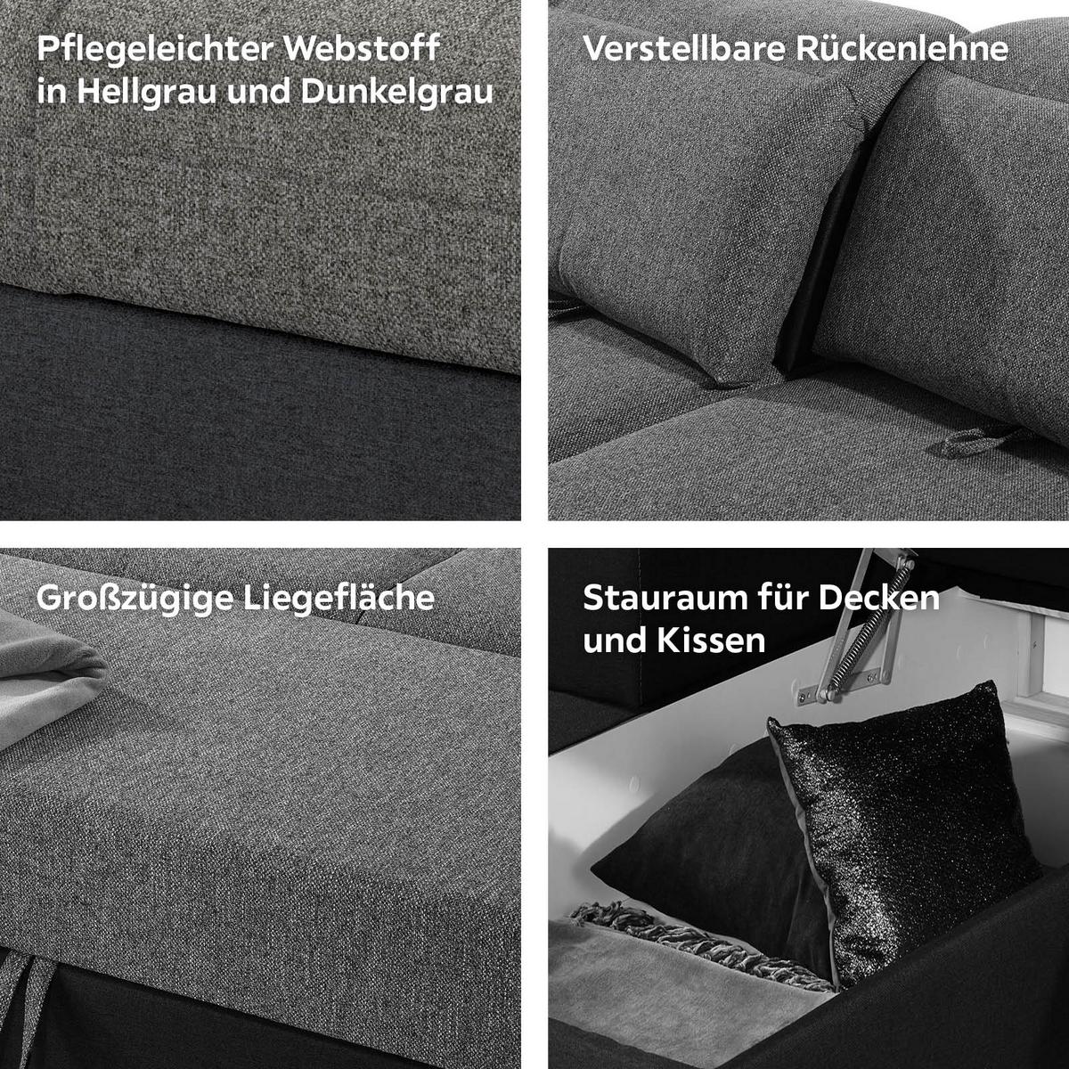 Ecksofa mit Schlaffunktion + Bettkasten Malaga, Webstoff - Dunkelgrau/Silberfarben, KONVENTIONELL, Textil (203/286cm) - Ondega