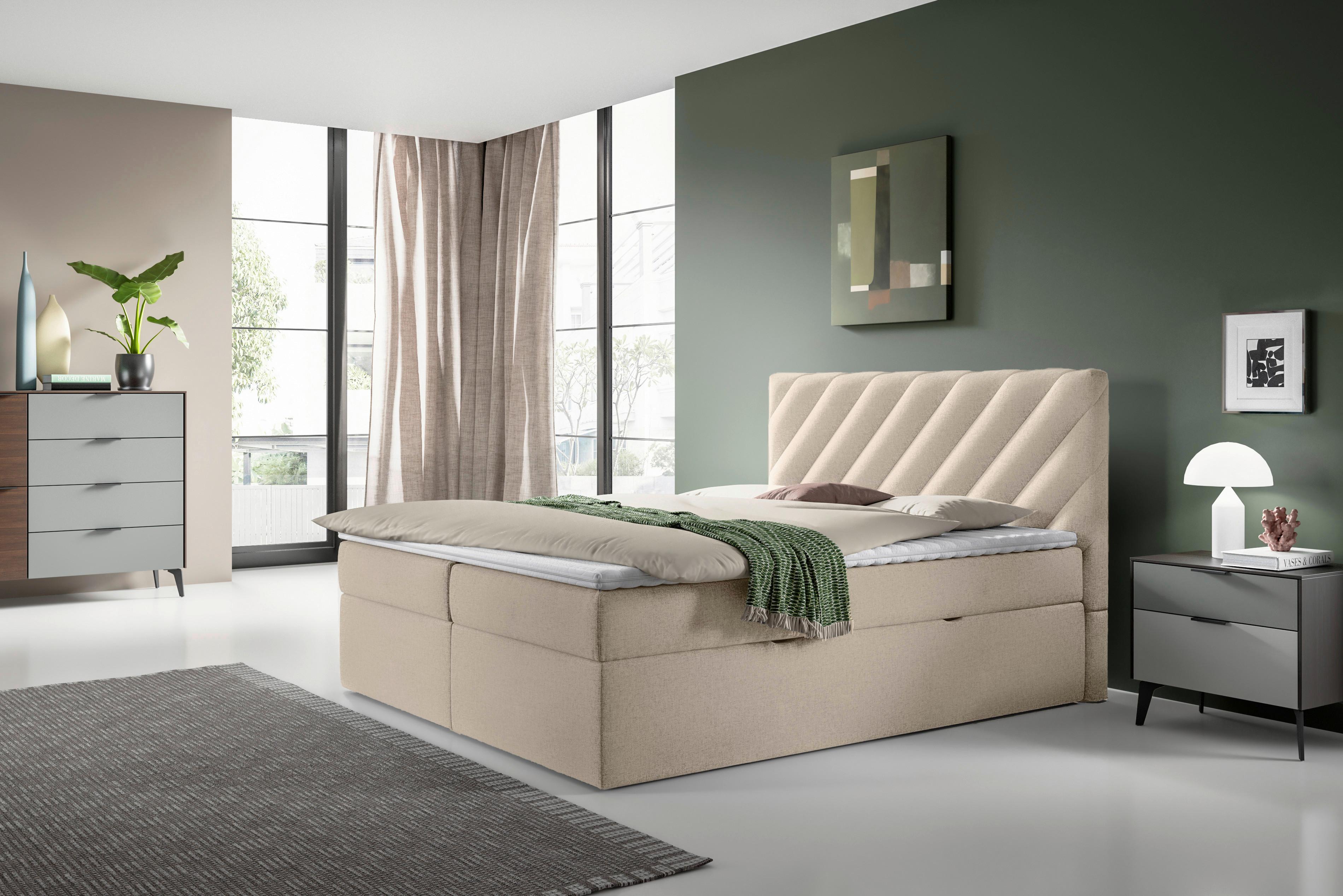 Boxspringbett mit Topper Beige 160x200 cm Gusto - Beige/Schwarz, MODERN, Textil (160/200cm) - MID.YOU