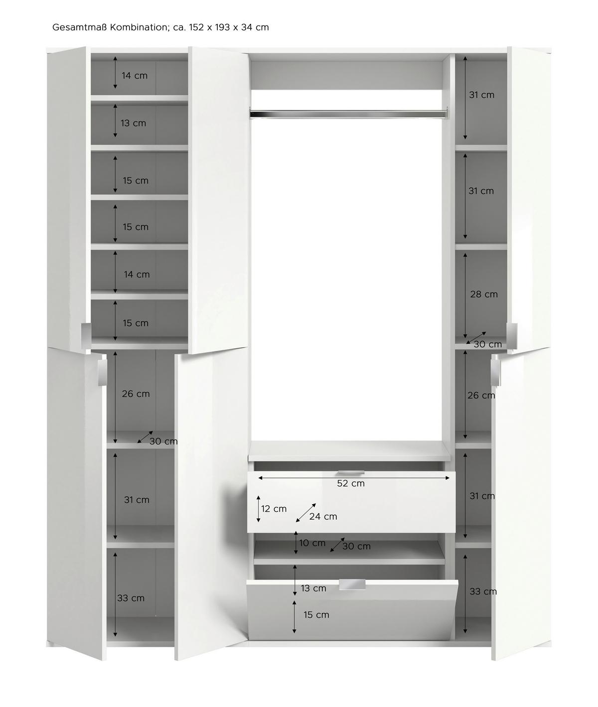 Garderobe Projekt X 3-Teilig Weiß B: 152 cm - Weiß Hochglanz, MODERN, Holzwerkstoff (152/193/34cm) - MID.YOU