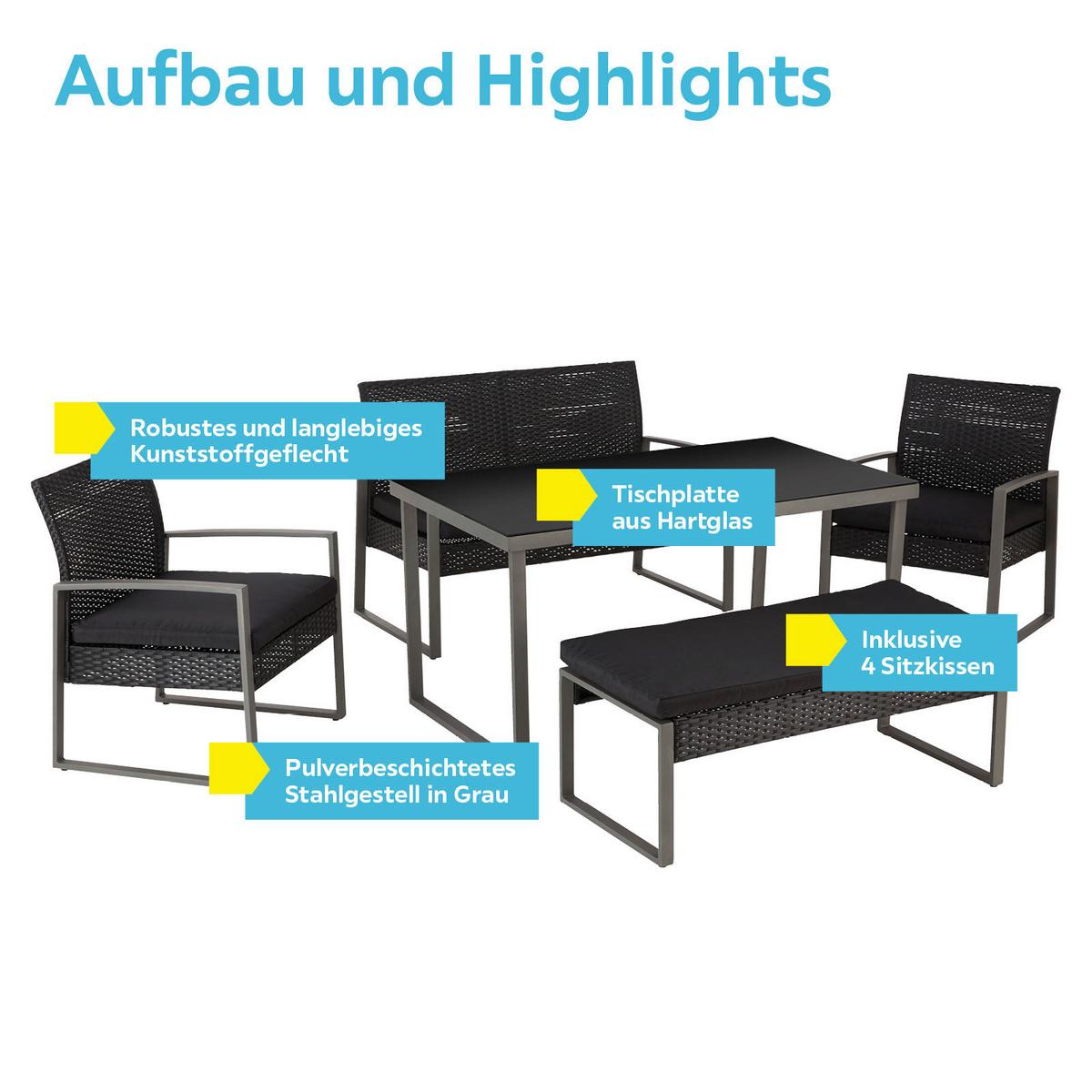 Loungegarnitur 5-tlg Elena Aus Stahl + Kunststoff Mit Kissen - Schwarz, MODERN, Glas/Kunststoff - Luca Bessoni