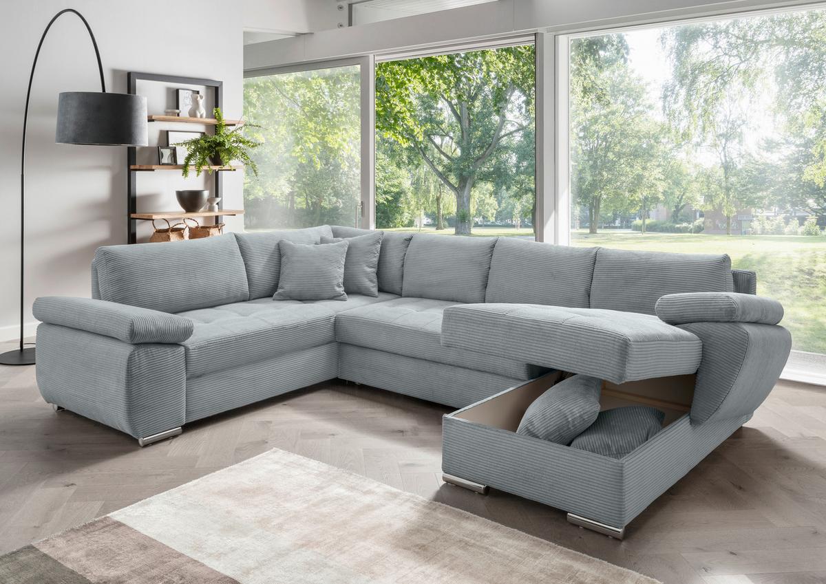 Wohnlandschaft Terana mit Schlaffunktion, Hellblau - Chromfarben/Hellblau, KONVENTIONELL, Textil (219/305/157cm) - Livetastic