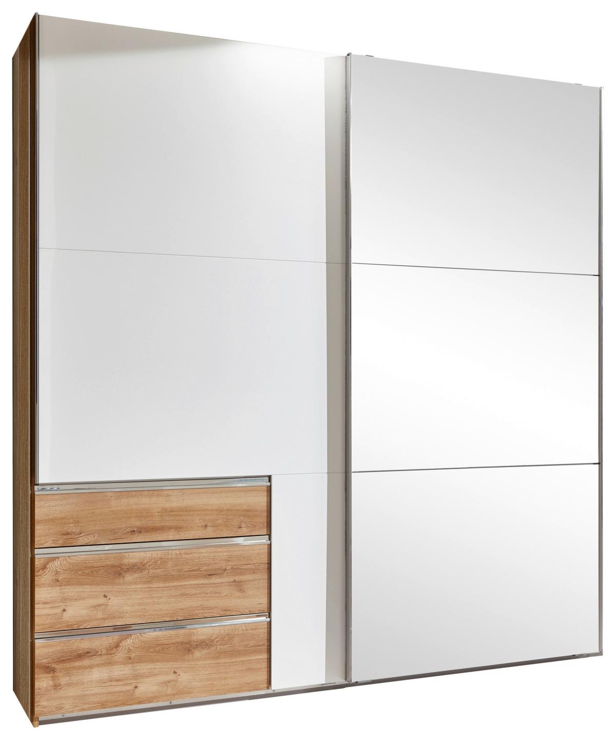 Schwebetürenschrank Level 36 A Weiß/Eiche/Spiegel, B:200cm - Eichefarben/Weiß, MODERN, Glas/Holzwerkstoff (200/216/65cm) - MID.YOU