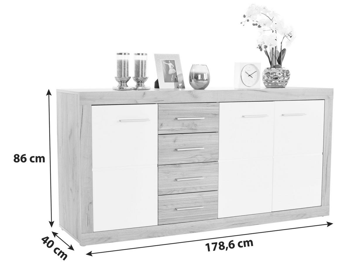 Komód Malta  179/86 Cm - tölgyfa/fehér, Modern, faalapú anyag (178,6/86/39,9cm)