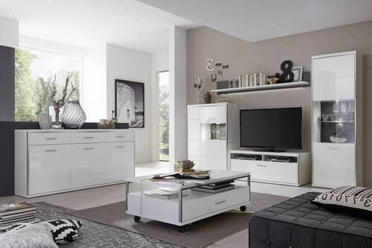 Wohnkombination 4-Tlg. Trento Grau/Silbern/Weiß - Weiß Hochglanz/Silberfarben, Design, Glas/Holzwerkstoff (301/201/52cm) - Livetastic