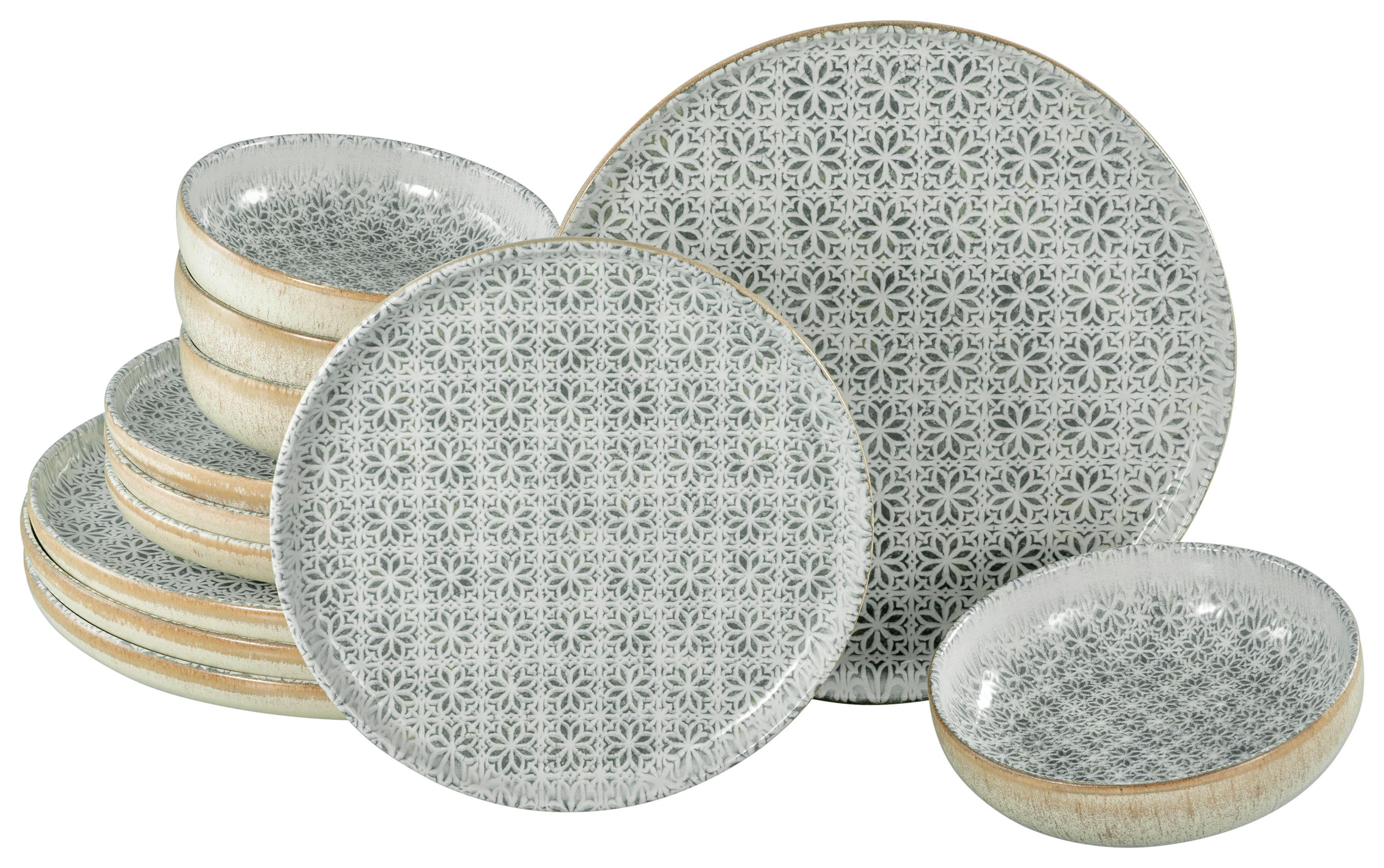Tafelservice Uno Emiliana 12--Teilig., Creme, Grün - Creme/Grau, Basics, Keramik - Creatable