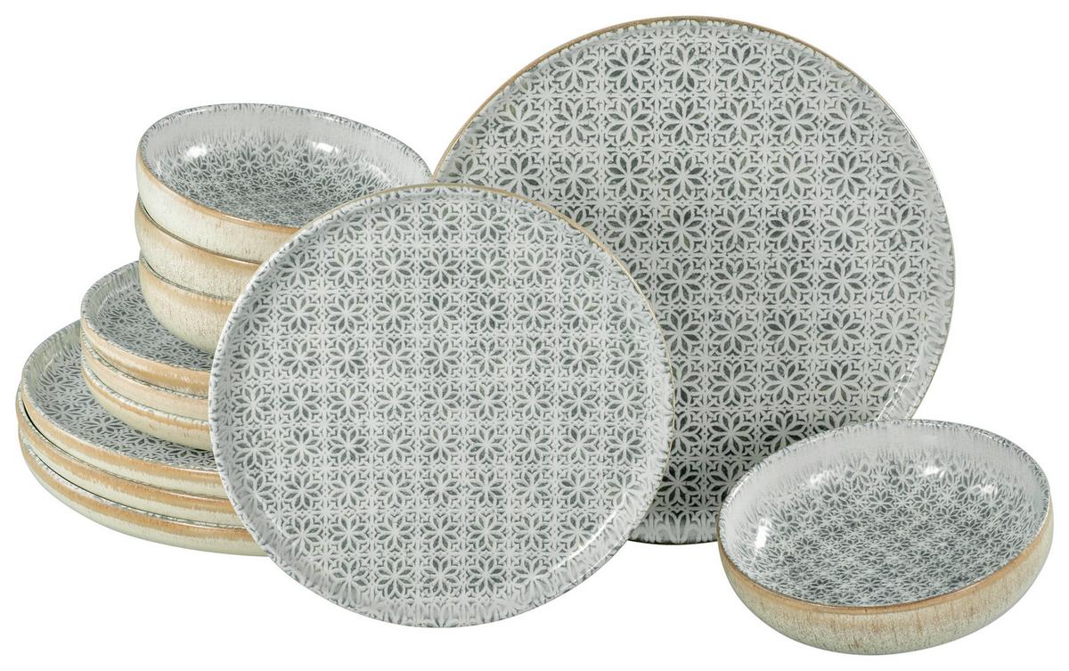 Tafelservice Uno Emiliana 12--Teilig., Creme, Grün - Creme/Grau, Basics, Keramik - Creatable