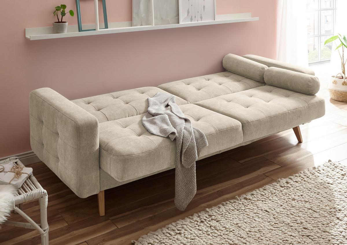 Schlafsofa Mit Bettkasten Und Kissen Fjord, Webstoff - Sandfarben/Eichefarben, MODERN, Holzwerkstoff/Textil (222/86/90cm) - MID.YOU