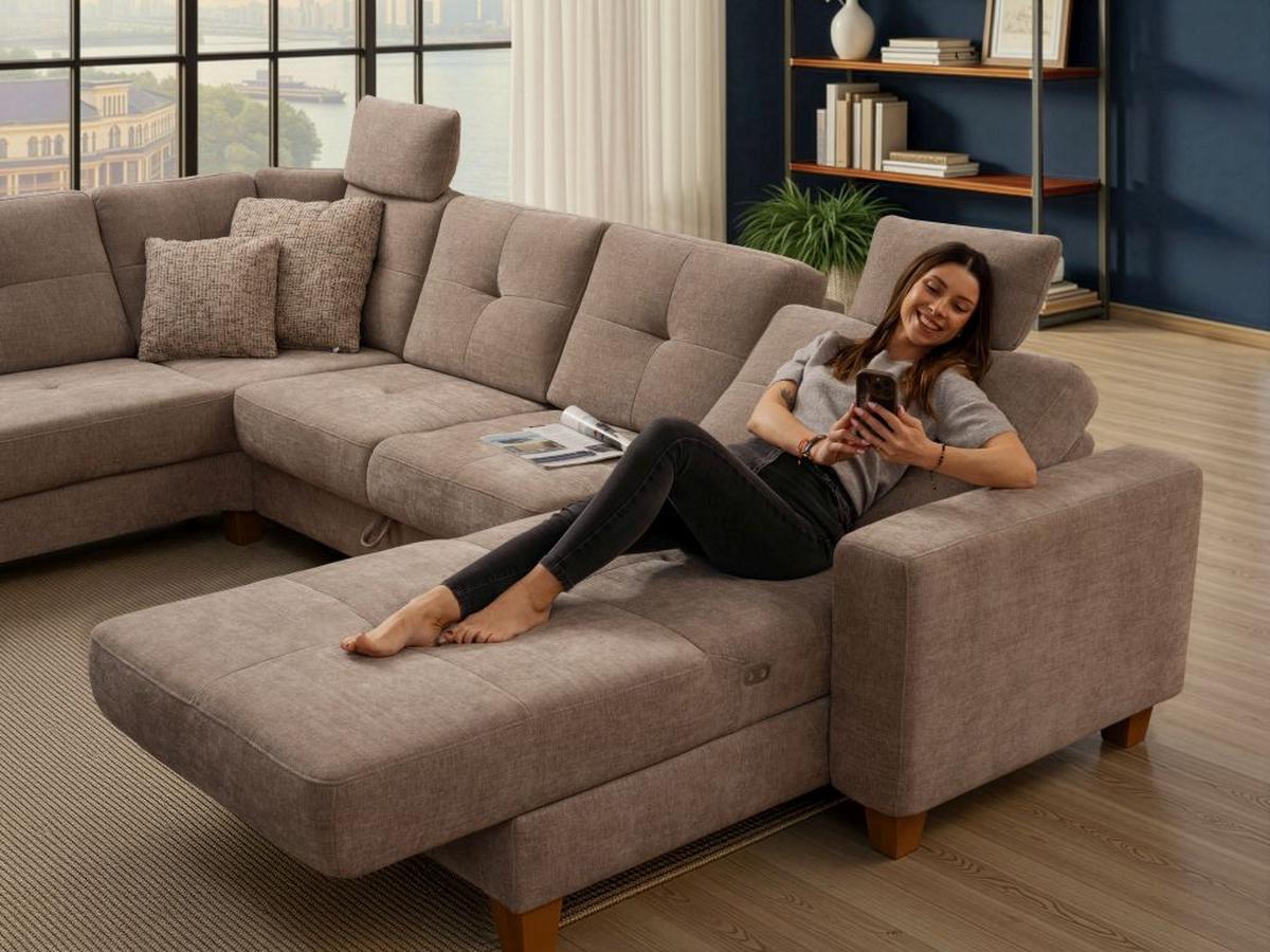 Sedacia súprava do U VARESE, ľavá, sivohnedá ženilka - farba duba/taupe, Modern, drevo/textil (222/318/164cm) - James Wood