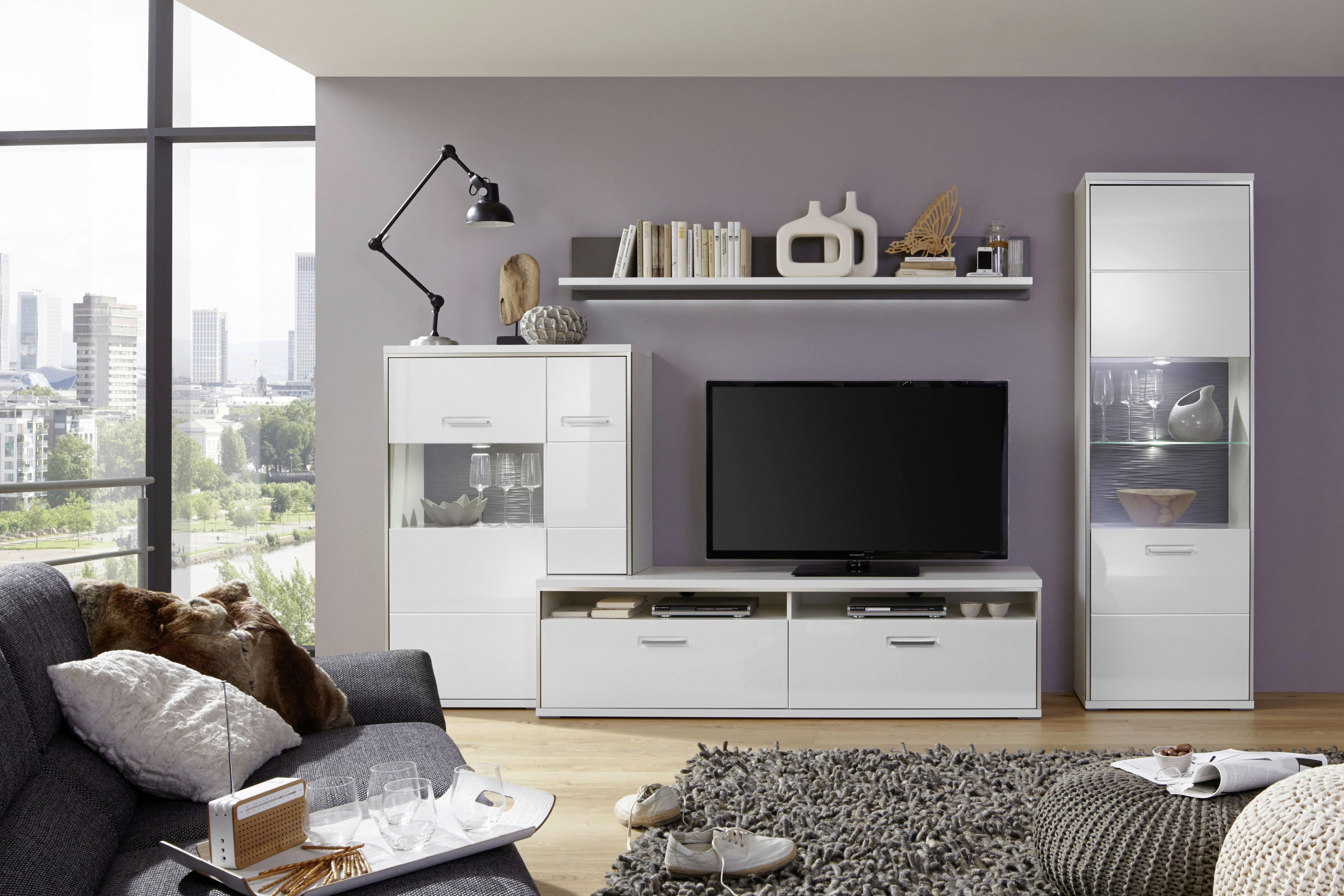 Wohnkombination 4-Tlg. Trento Grau/Silbern/Weiß - Weiß Hochglanz/Silberfarben, Design, Glas/Holzwerkstoff (319/201/52cm) - Livetastic