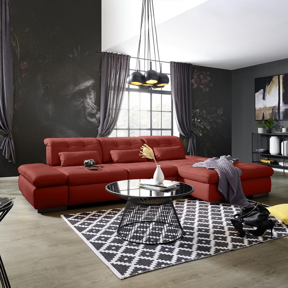 Rohová sedačka SANFINO, pravá, červená pravá kůže - barvy chromu/červená, Konvenční, kov/kůže (305/79-96/199cm) - Premium Living