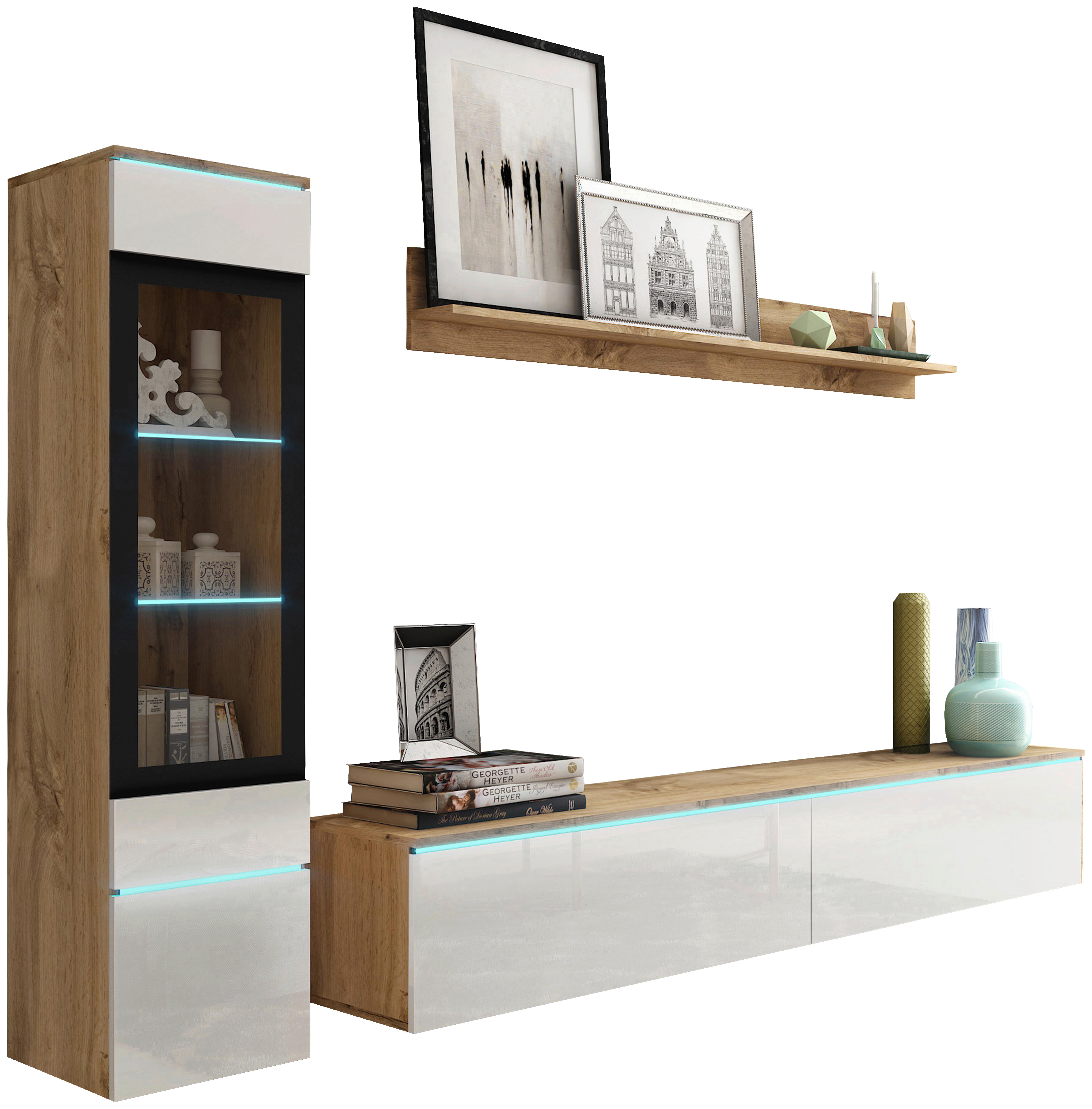 Obývacia stena VERA dub Wotan/biela VL - sivá/biela s vysokým leskom, Lifestyle, kompozitné drevo/plast (210/130/33cm) - P & B