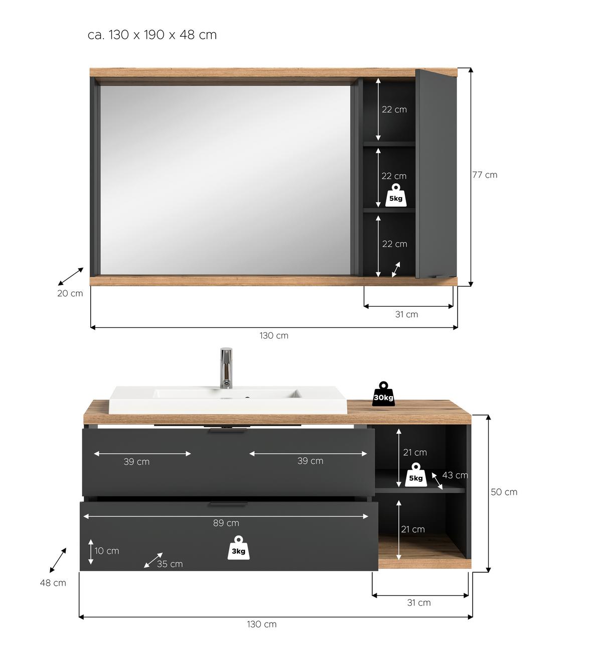 Badezimmer Nuaro Anthrazit B: 130cm - Anthrazit/Weiß, Basics, Glas/Holzwerkstoff (130cm) - MID.YOU