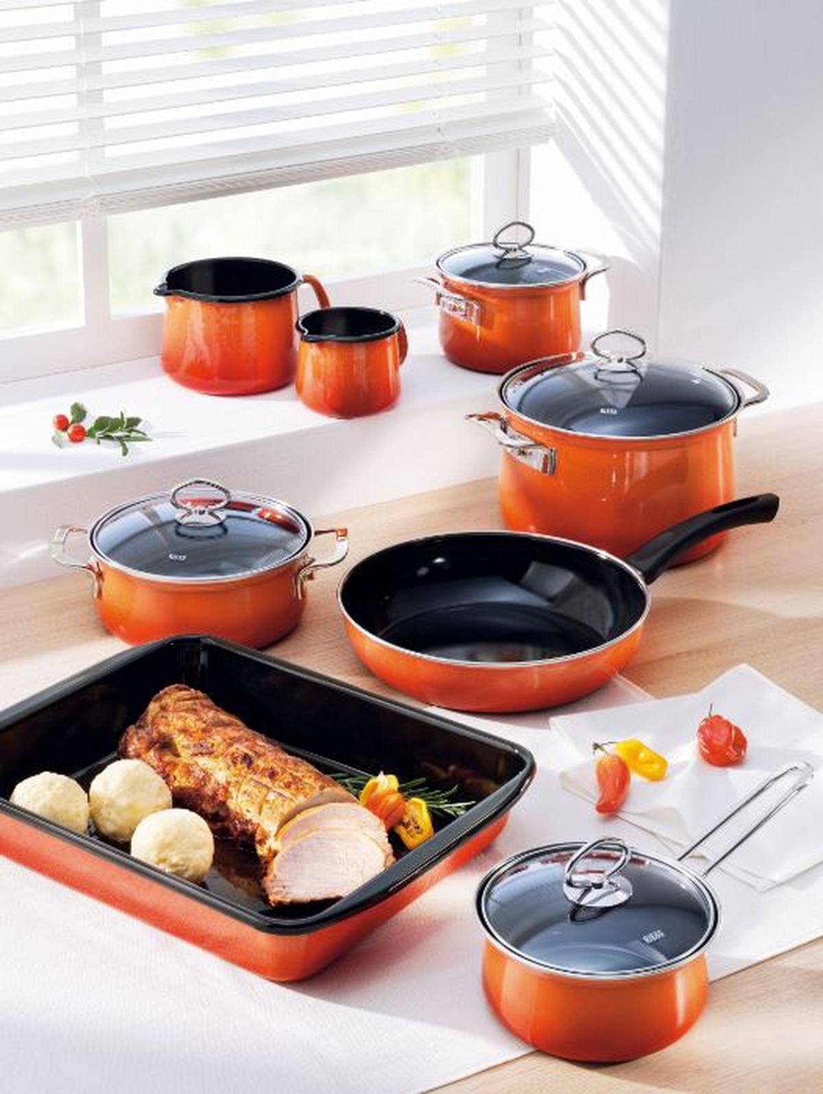 Kochtopfset 7-Tlg. Emaill inkl. Pfanne - Orange, Basics, Glas/Metall (48,5/28,5/24cm) - Riess