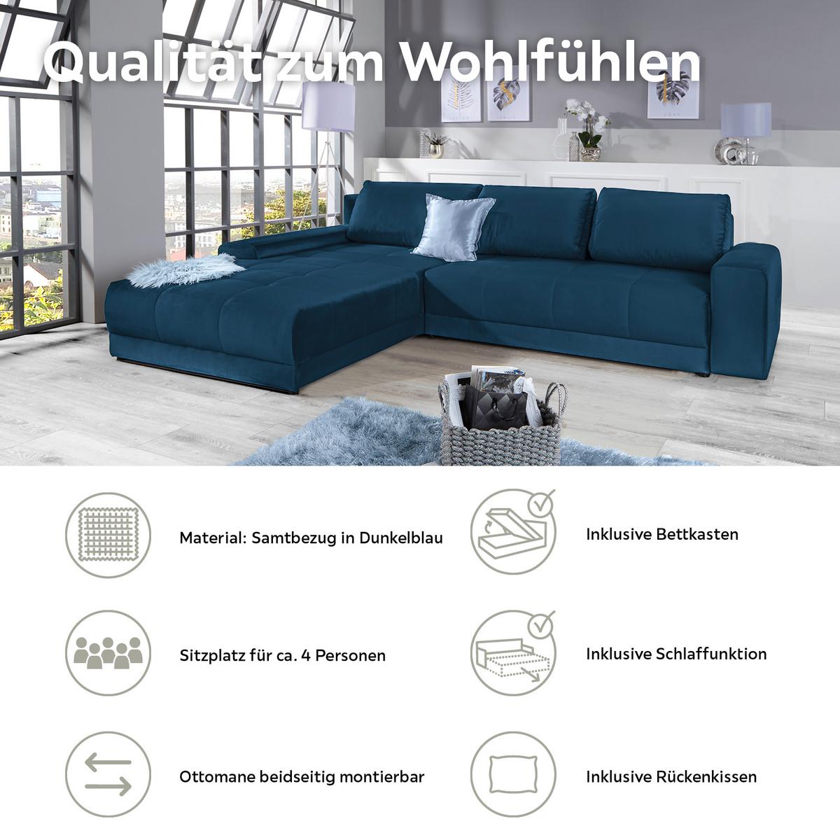 Ecksofa Mit Schlaffunktion + Bettkasten Adria Dunkelblau - Dunkelblau, MODERN, Textil (213/308cm) - Luca Bessoni