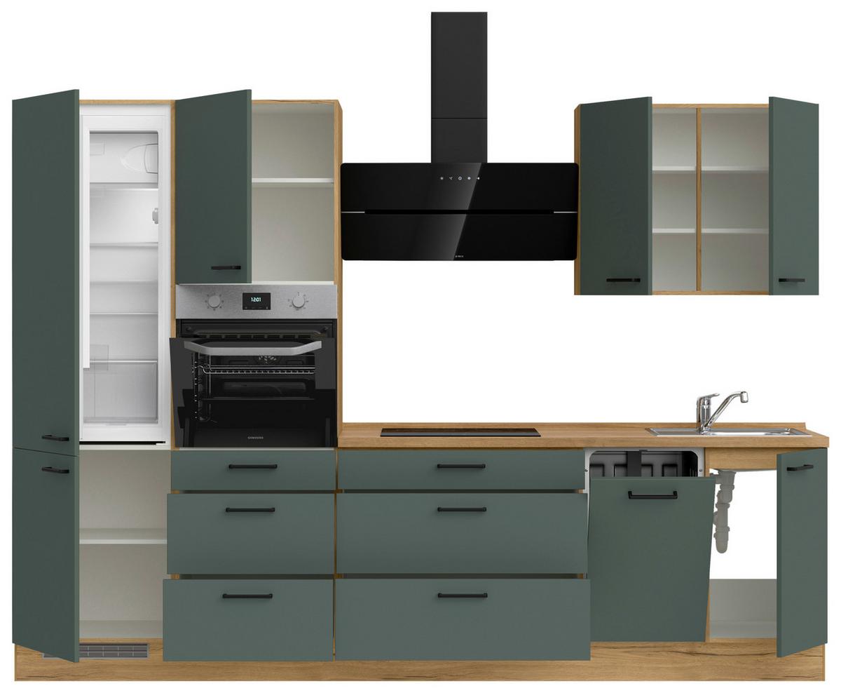 Kuchyňská linka 300 cm, minerální zelená,ultra matná - barvy dubu/černá, Moderní, kov/kompozitní dřevo (300cm) - Nobilia