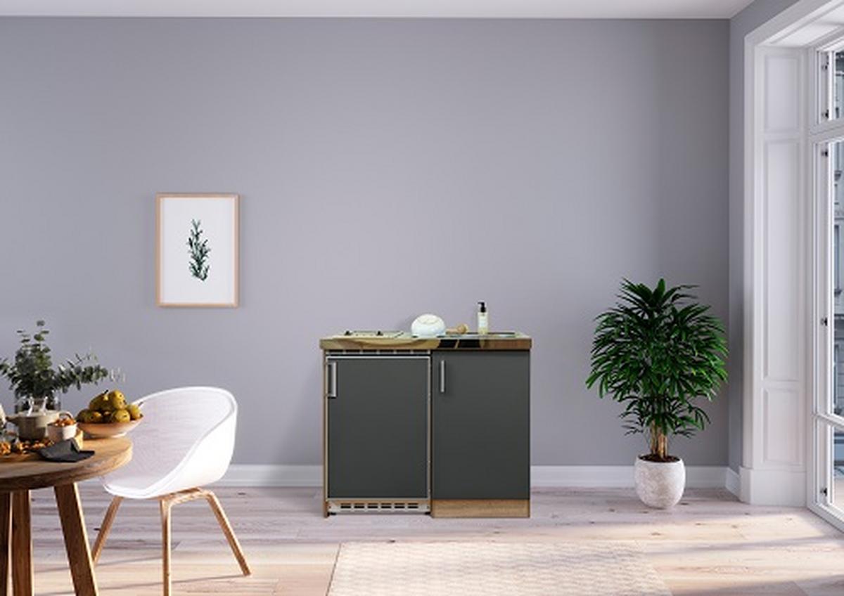 Miniküche mit Kühlschrank + Kochfeld 100 cm Grau/Eiche - Edelstahlfarben/Eichefarben, MODERN, Holzwerkstoff/Metall (100cm) - Respekta